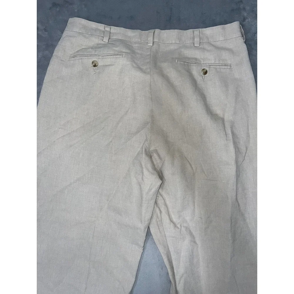 Roundtree & Yorke Gold Label Mens 34x30 Linen Cotton Pleated Khaki Pants Tan